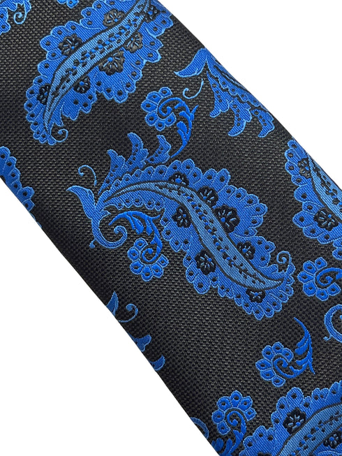 Black tie with blue paisley design